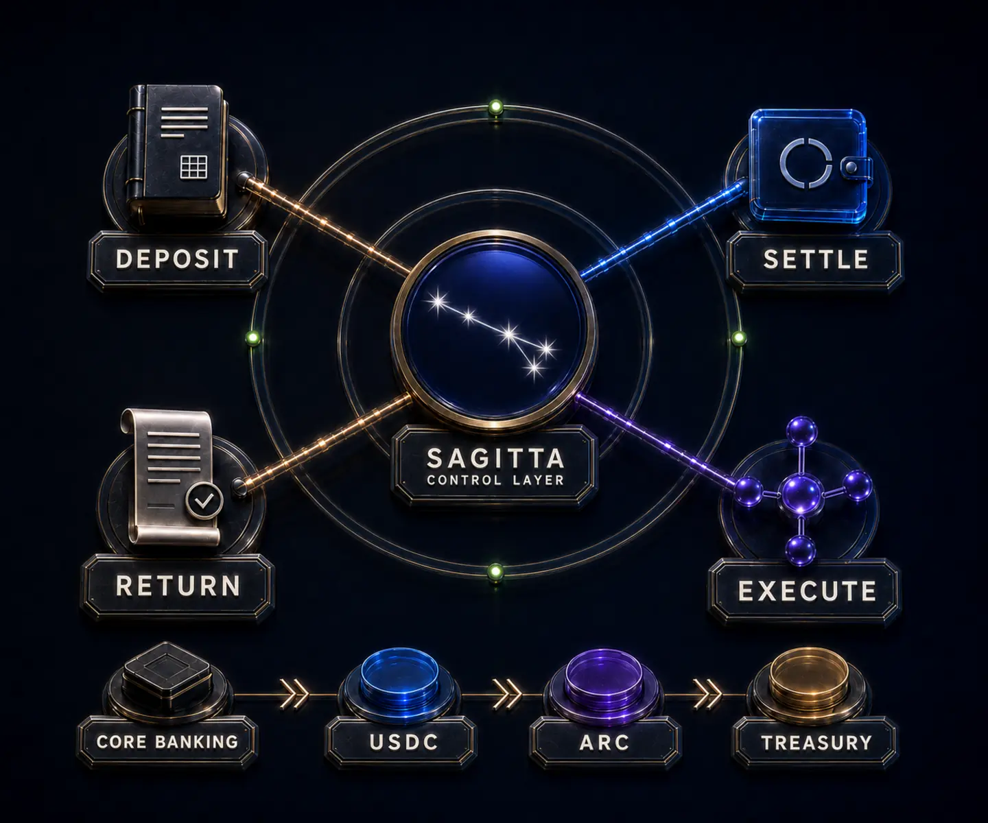 The Sagitta Banking lifecycle diagram: deposit, settle, execute, and return arranged around a central Sagitta control layer, above a rail running core banking to USDC to Arc to treasury.