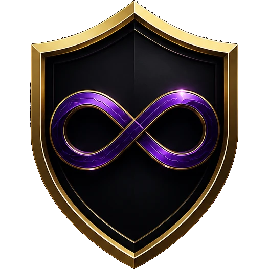The Sagitta Defense mark: a gold shield carrying a violet infinity figure.